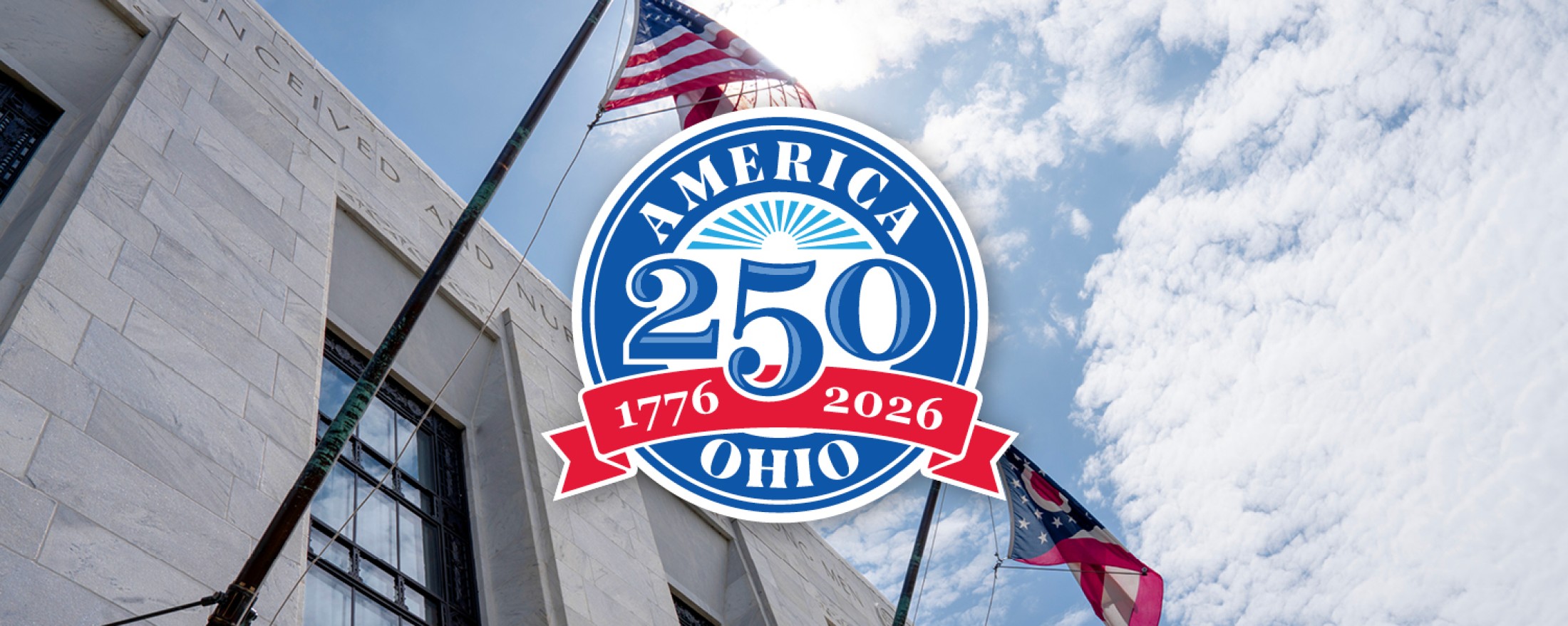 America 250 Ohio logo with a large, white, marble building in the background.