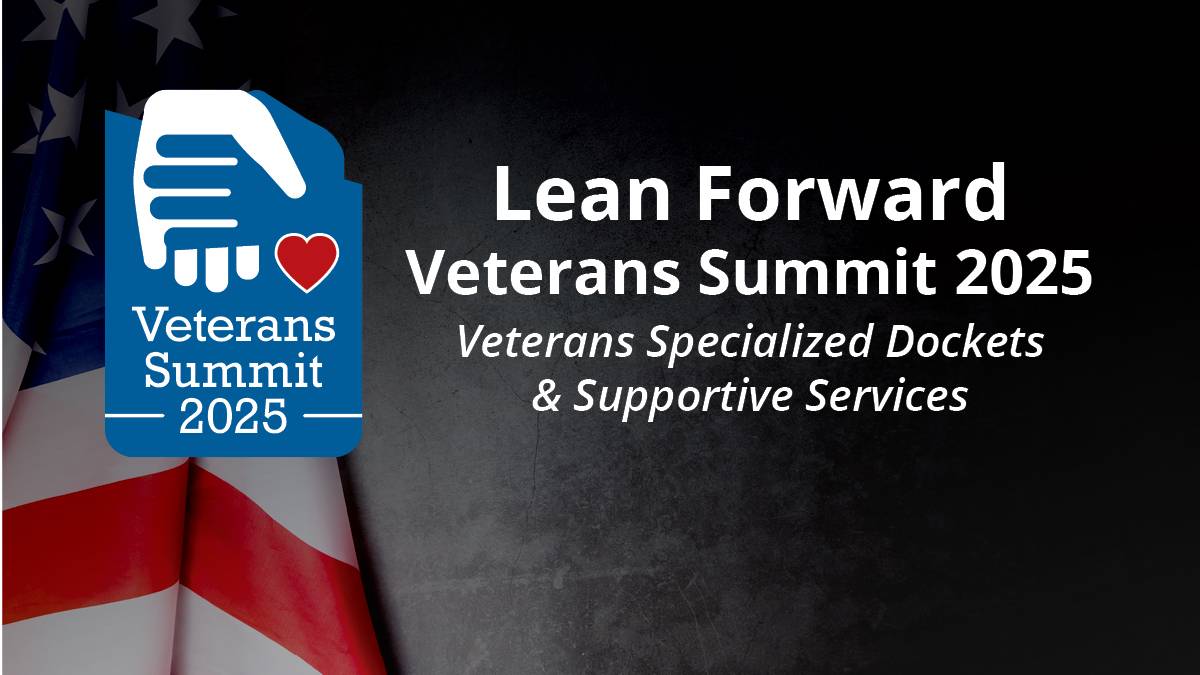 Blue logo with a handshake and heart reads 'Veterans Summit 2025.' Text below: 'Lean Forward Veterans Summit 2025, November 20, 2025,' over an American flag.