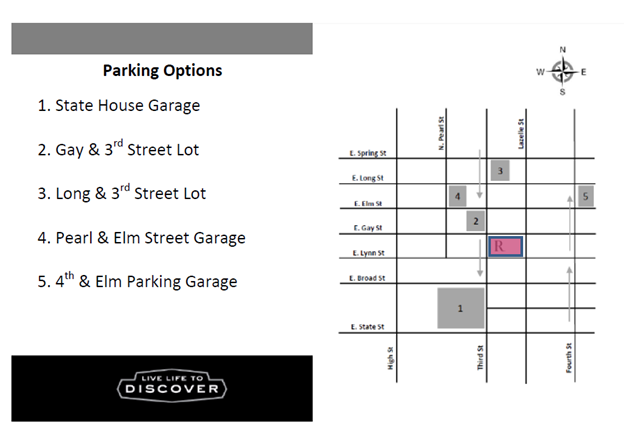 Street map identifying parking locations.